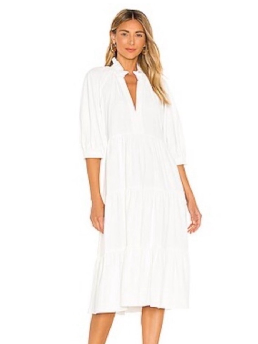 Amanda Uprichard White Saffron Tiered V-Neck Midi Dress